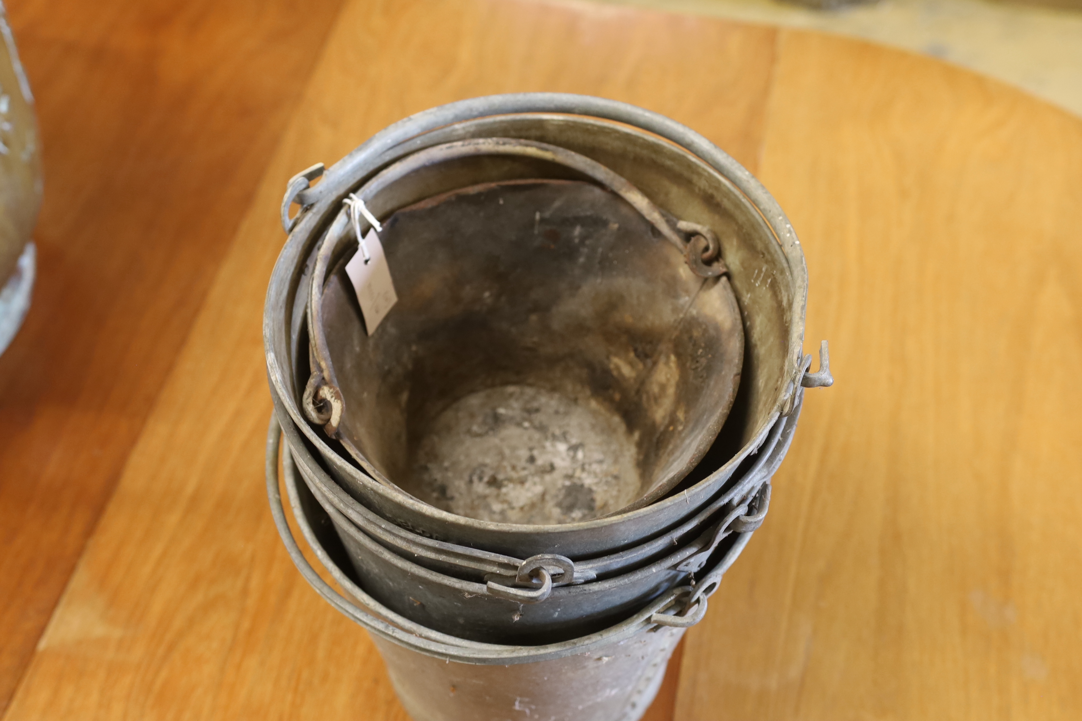 Four vintage galvanised buckets